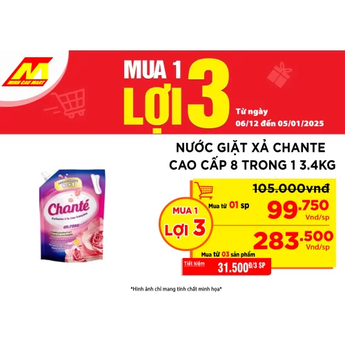 Nước giặt xả Chante cao cấp 8 trong 1 Hương Hoa Hồng Pháp 3.4kg